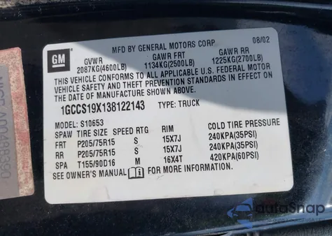 2003 Chevrolet S-10 Ls from USA, damaged, VIN 1GCCS19X138122143